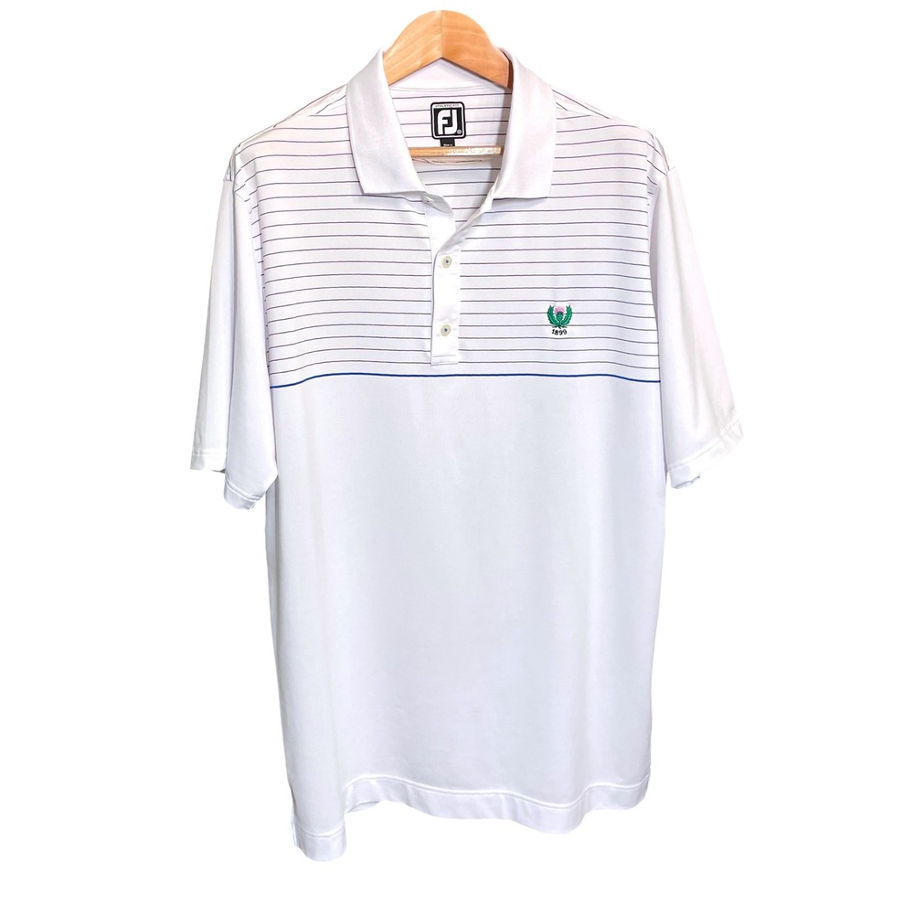 New Footjoy Men XXL Athletic Fit Striped Golf Polo White Blue AAA Thistle 1899